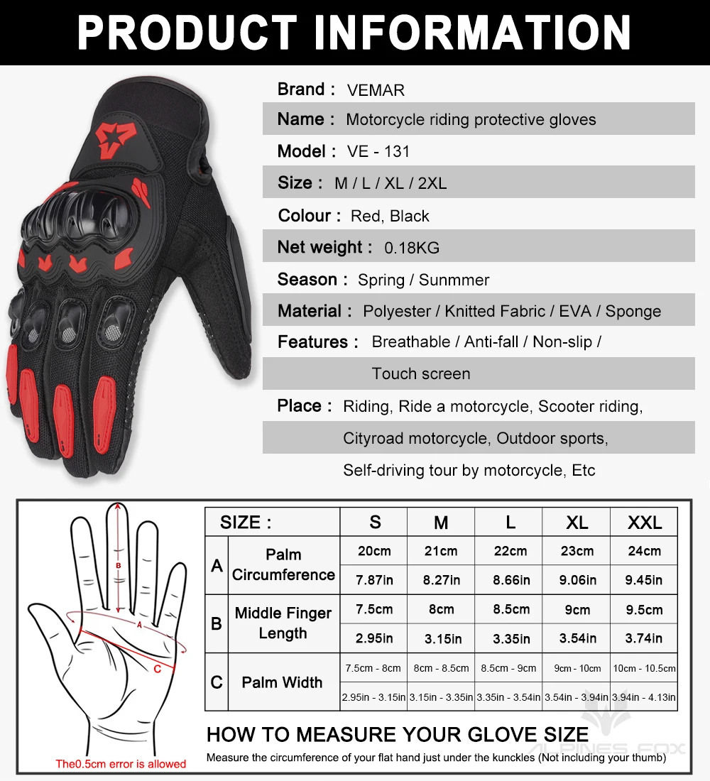 VEMAR Sommer Motorrad Handschuhe Männer Schwarz Voll Finger Touchscreen Radfahren ATV MTB Guantes Moto Luvas Fahrrad Reiten Handschuh Frauen Rot – Detail 6