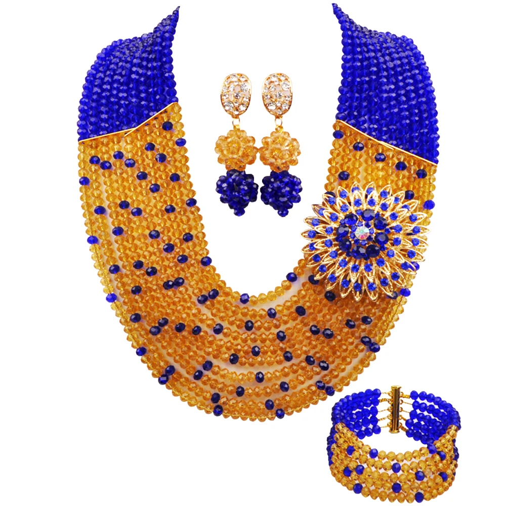 

10 Rows Royal Blue Champagne Gold African Beads Jewelry Set Crystal