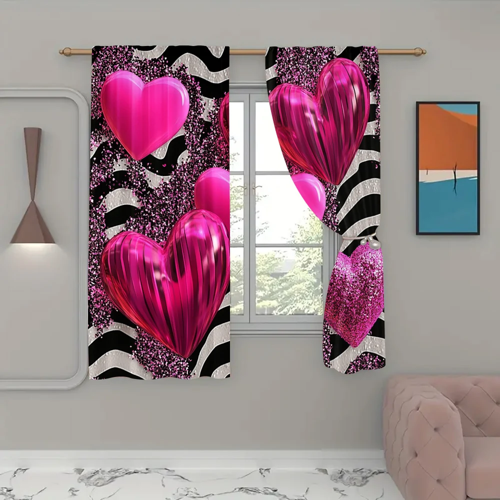 2Pcs Love Heart Romantic Pattern Print Curtains For Living Room Bedroom And Study Polyester Home Decor Curtains