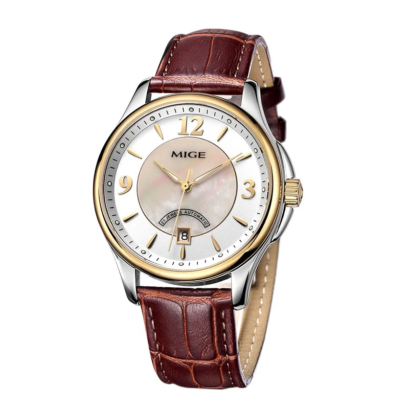 

MIGE brand business steel mechanical watch men movement waterproof luxury fashion automatic night light leather watches for man