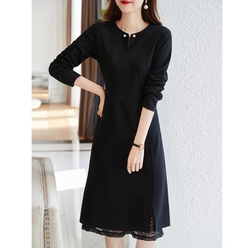 

Women's Plus Size Spring Autumn Winter Mid-Length Little Black Dress New Slim Waist Tie Lace Patchwork Dress
