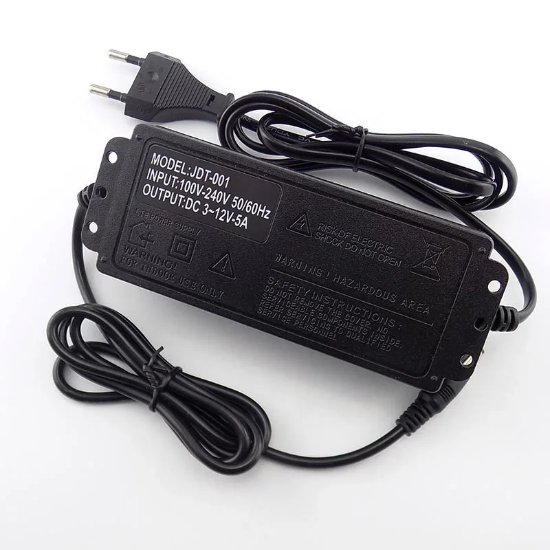 Adjustable Power Adapter AC 100-220V to DC 3-12V5A CCTV Camera Power Supply for Led Strip Light Display Screen Charger 5.5*2.5mm