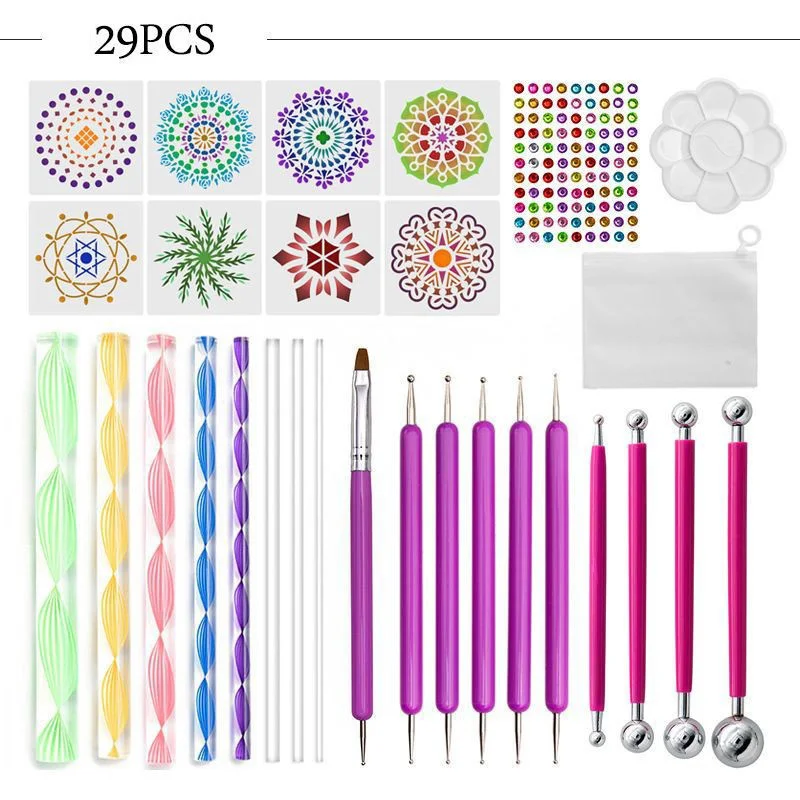 29pcs/Set Mandala Tools With Storage Bag Hollow Out Painting Template Rubbing Copying Point Drill Pen Clay Crafts Painting Tool