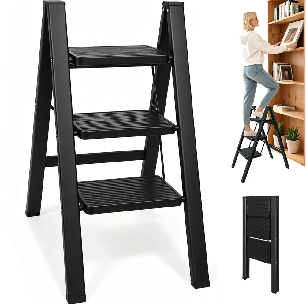 Escalera plegable de tres peldaños con diseño antideslizante: soporta hasta 150 kg, es un taburete portátil ideal para jardines, cocinas, garajes, oficinas y para el uso diario en el hogar.