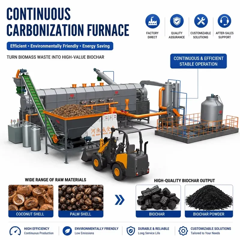 High Efficiency Continuous Carbonization Furnace for Sawdust Biomass Palm Kernel Shell Charcoal Manufacturing Machine