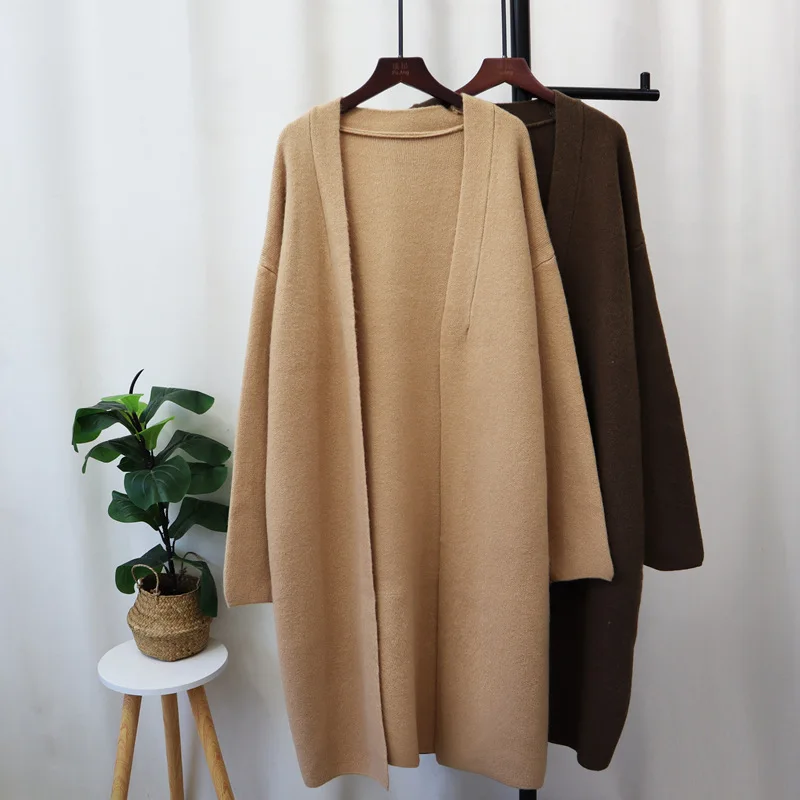 Women Knitted Long Cardigan Jumpers Solid Sweaters Mid Length Full Sleeves Loose Y2k Open Stitch Casual Office Lady 2025 Autumn