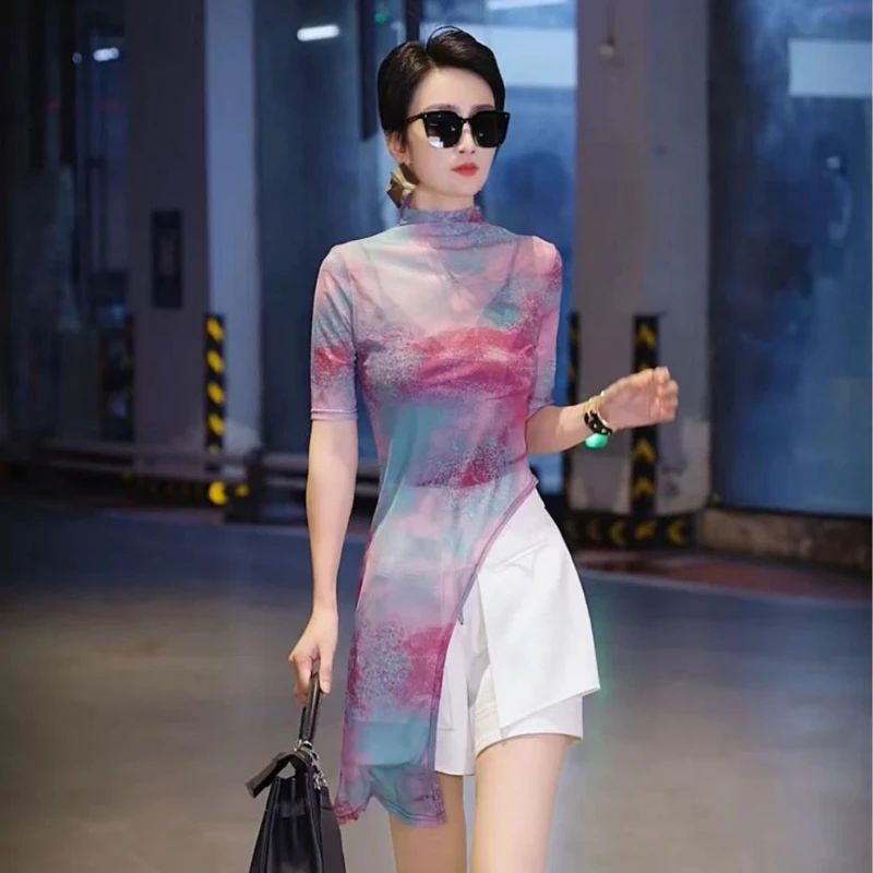 French Irregular Smudge Mesh Design Versatile Short-sleeved T-shirt