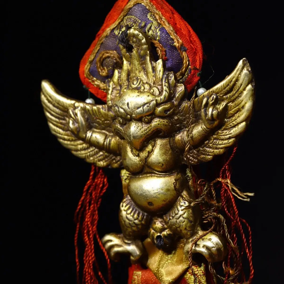 Copper Base Fully Hand Hammered & Chiseled Garuda Statue with Hand Sewn Prayer Flags