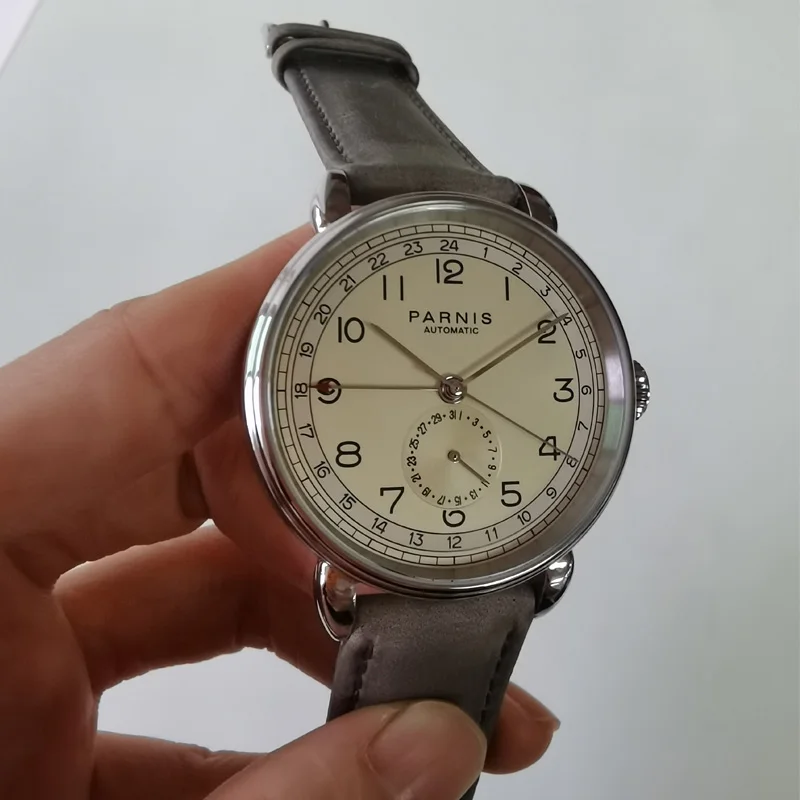 2024 Fashion Parnis 42MM Rose Gold Men GMT Watches Calendar Leather Strap Automatic Mechanical Watch For Men relogios masculino