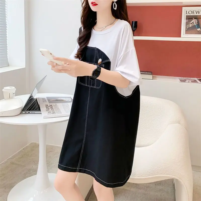 Street Casual Patchwork Short Sleeve T Shirt Dress Summer New Contrast Loose Youth Korean Tops Vintage Fashion Women Clothing