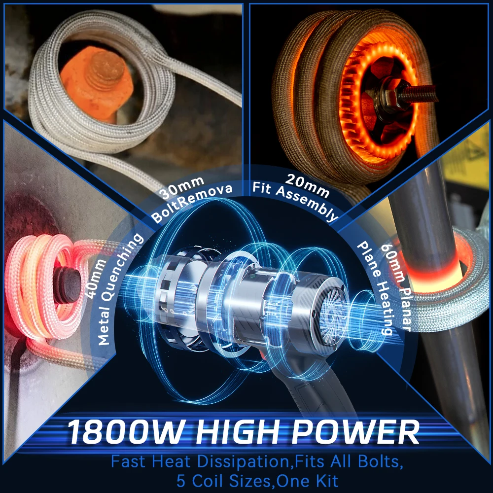 Podofo 1800W Induktionsheizgerät-Set, 8s Aufheizzeit, Induktions-Entfernungswerkzeug für Rostmuttern, Handgerät ohne Flamme mit 4 Spulen – Detail 3