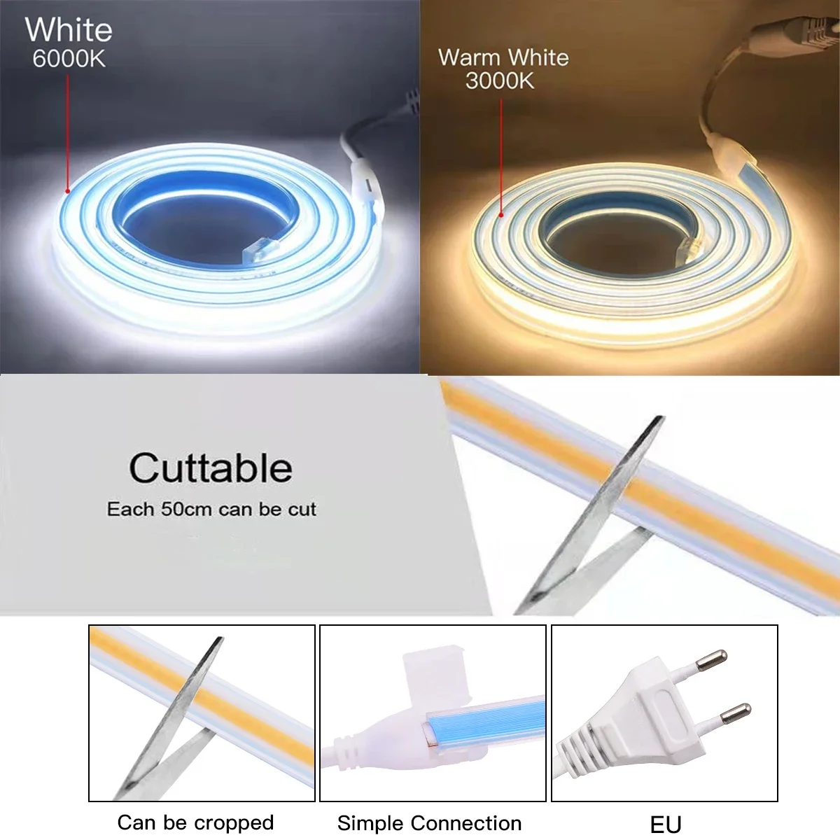 AC220V Super Light Zigbee COB LED Strip Light EU Wodoodporna jednolita emisja światła bez punktu elastyczna 288LED/m dla inteligentnego życia