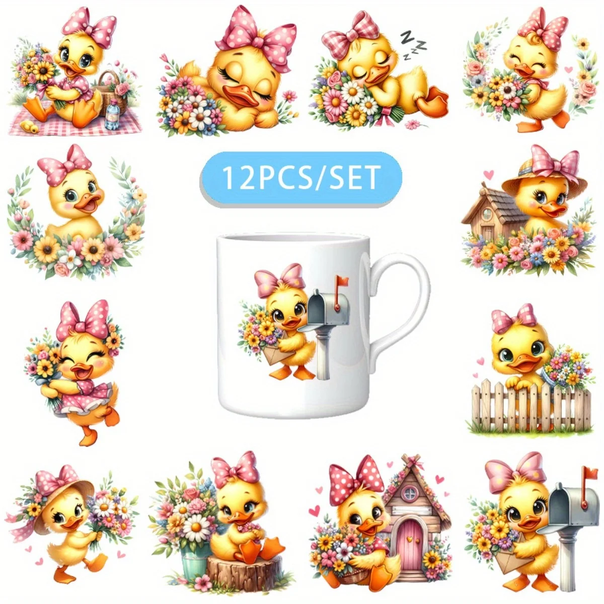 12PCS/SET Spring Pink Bow Little Yellow Duck DIY Skinny Tumblers Wrap Decorative Transfer Paper UV DTF High Self-adhensive Wraps