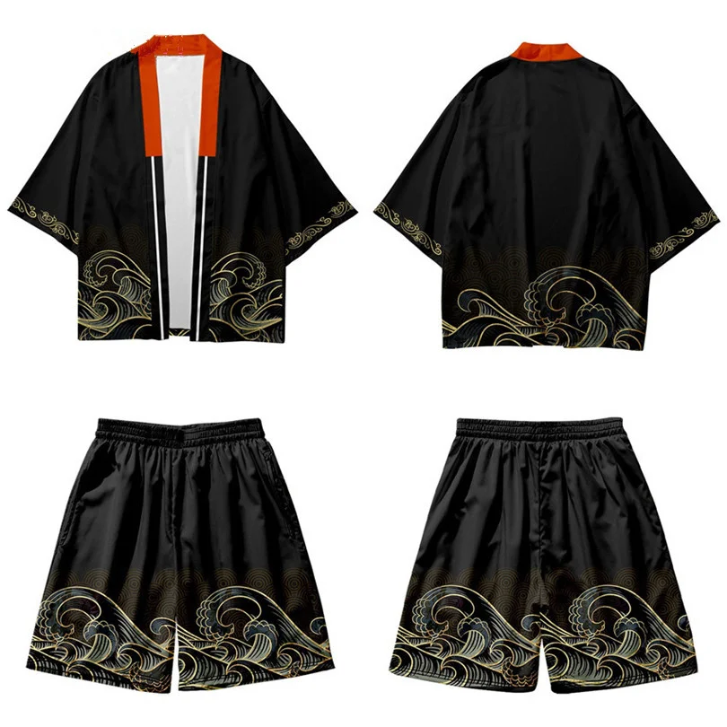Kanagawa Wave Print Cardigan Haori Cosplay Kimono Shorts Sets Japanese Traditional Clothes Shirt Boys Girl Two-piece Suit Yukata