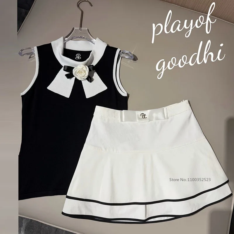 PL Women Golf Tank Top Korean Rose Flower Sleeveless Shirt Ladies Double Layer Golf Skirt Slim Ruffle Tennis Skirt with Short