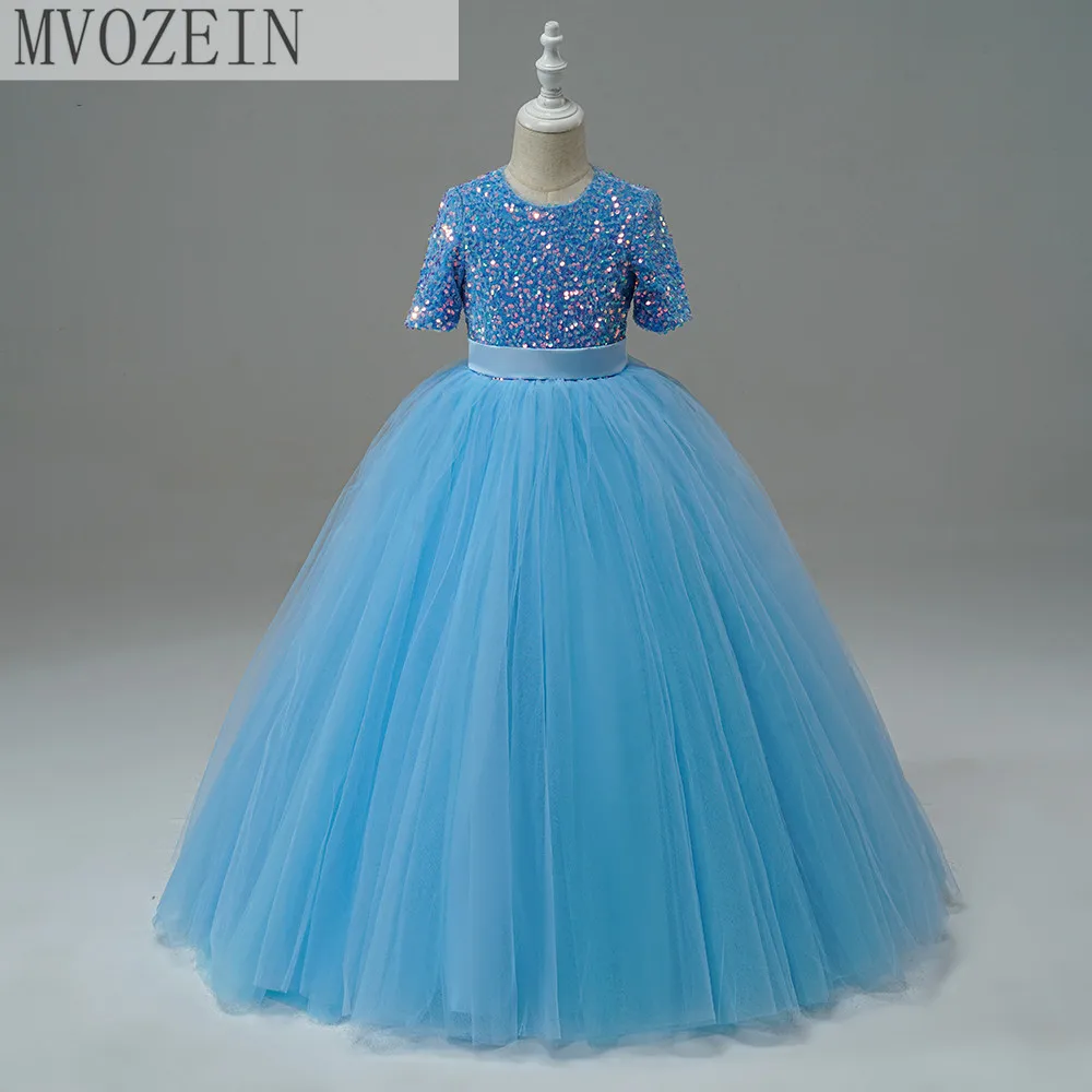 Mvozein Glitter Puffy Spitze Mädchen Prinzessin Kleider Geraffte Kurzen Ärmeln Blume Gril Kleid Niedliche Kleine Mädchen Erstkommunion Kleid