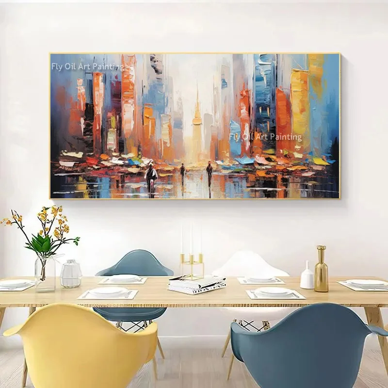 Abstract Colorful Wall Art New Fashion Handpainted Blue Red Cityscape Canvas Oil Painting Yellow Red Color Mixed Home Decor