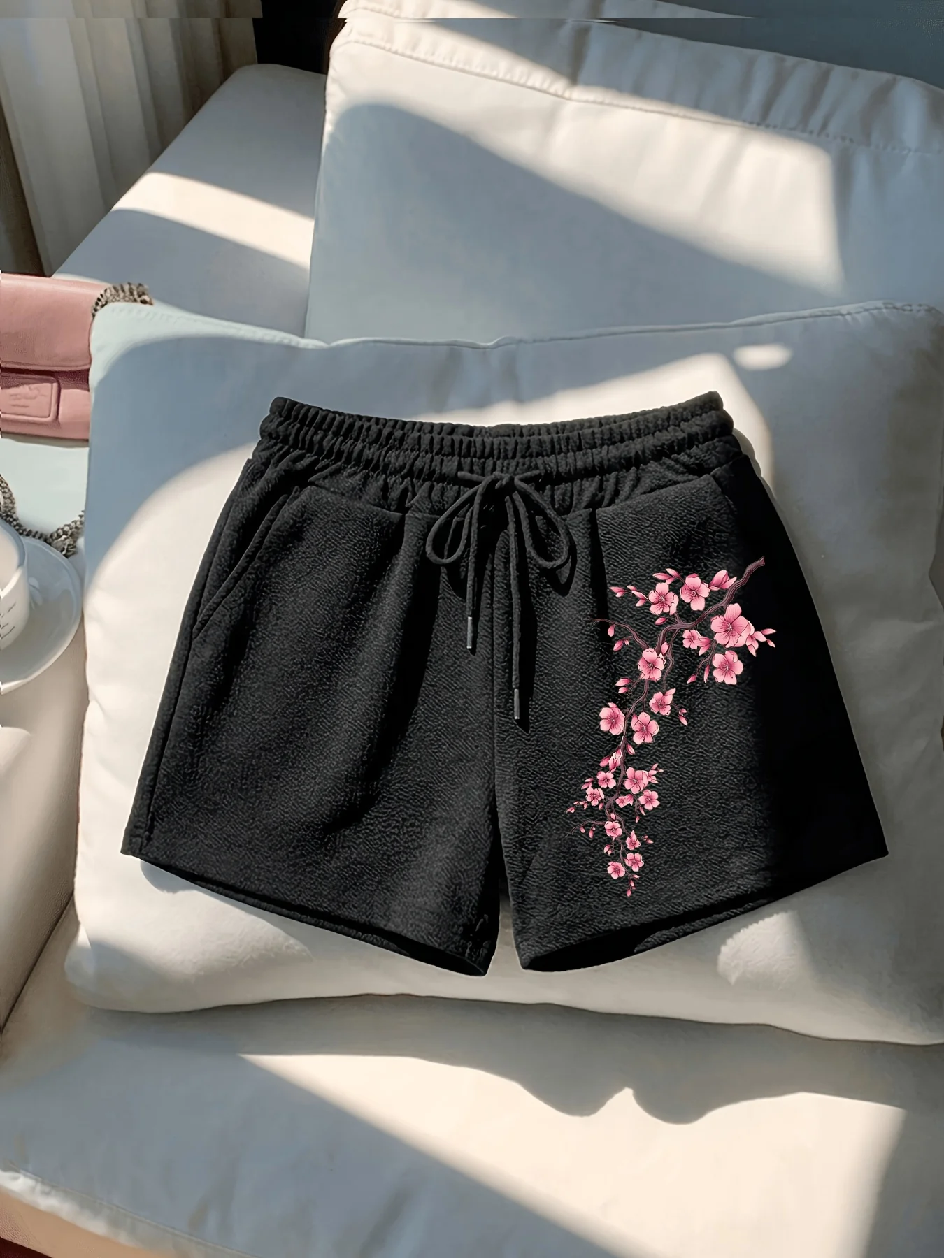 Sweet Girl Style Cherry Blossom Print Casual Drawstring Shorts for Women! Loose Slimming High Waist Drawstring