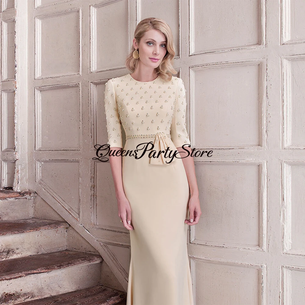 Champagne Mermaid Mother of The Bride Dress Modest Evening Party Dresses O Neck Half Sleeves Pearls Wedding Guest Gown for Women