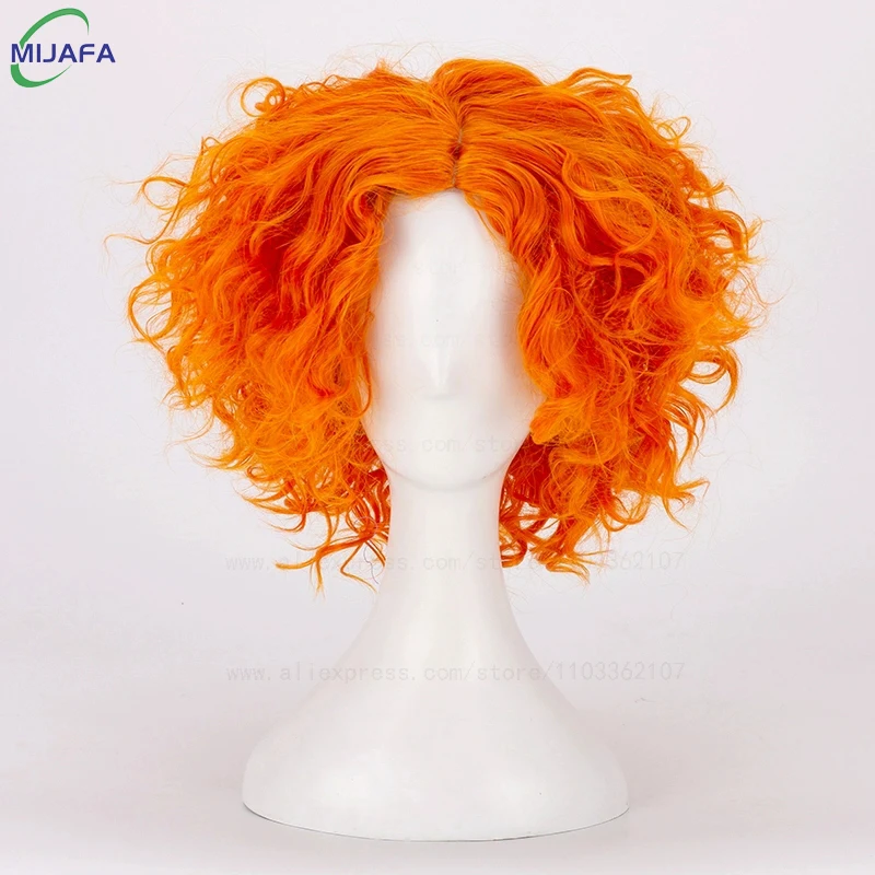 High Quality Mad Hatter Cosplay Wig Alice Wonderland Short Orange Curly Heat Resistant Synthetic Hair Anime Wigs + Wig Cap