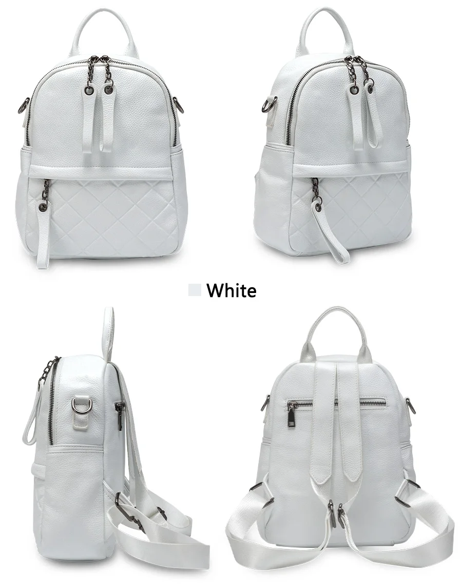 Zency 100% Genuine Leather Fashion Women Backpack Pure White Knapsack Casual Travel Bags Girls Schoolbag Wide Strap Shoulder Bag