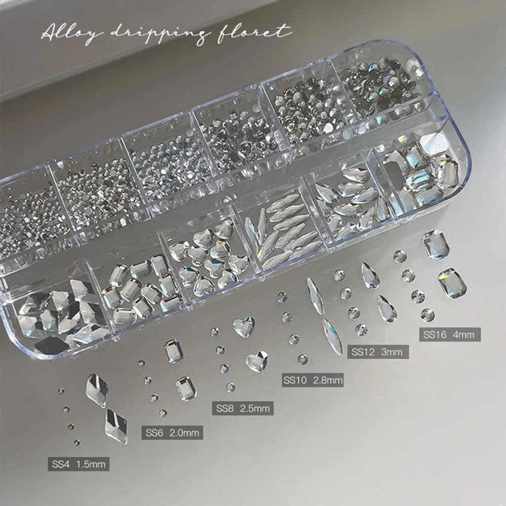12‑Grids Clear Crystal Nail Rhinestones Mixed‑Shape Glass Gems with Pointed Flat Bottom Shiny Multi‑Size Diamond Manicure Charms