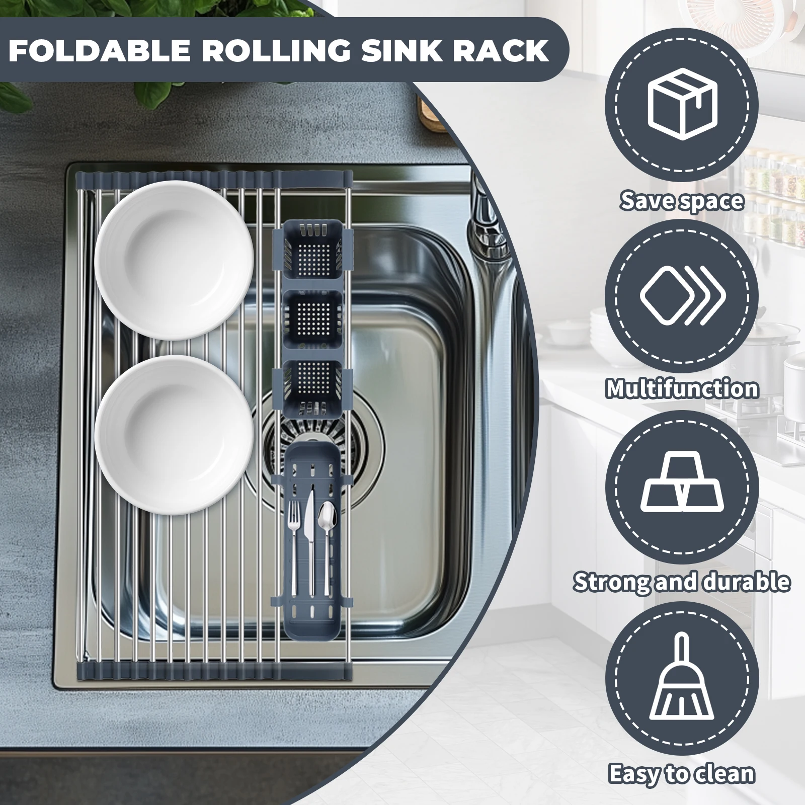 A Set Foldable Sink Dish Drying Rack Kitchen Utensils Over Sink Stainless Steel with Knife and Fork Storage Holder Dish Drainer