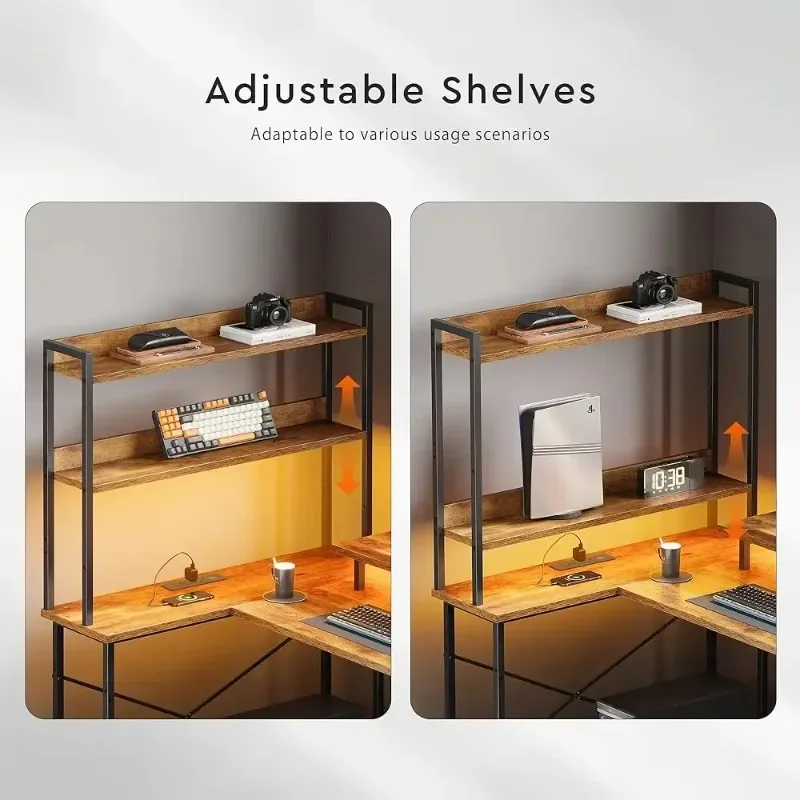 مكتب على شكل حرف L مع أرفف، مكتب كمبيوتر قابل للعكس مع أضواء LED ومحطة شحن، مكتب زاوية للمكتب المنزلي مع شاشة