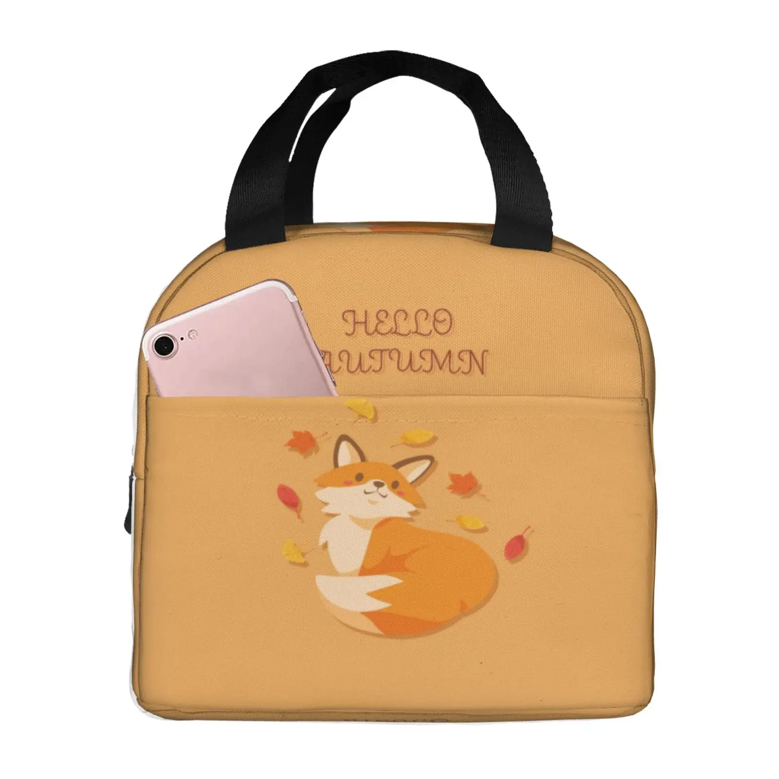 Autumn Leaves Fox Pattern Portable Lunch Boxes Waterproof Thermal Cooler Food Insulated Lunch Bag Kids School Children