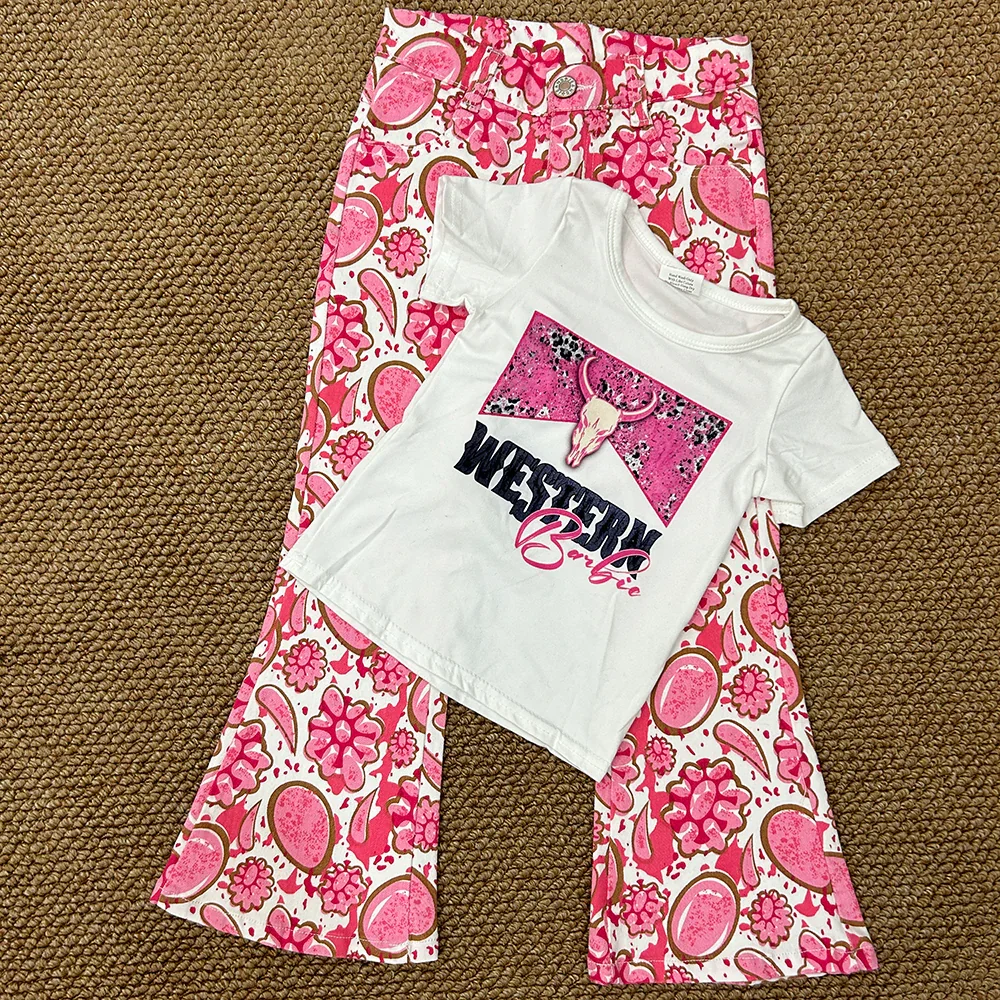 

GT0134+P0735 Wholesale baby girl clothes WESTERN short sleeve denim pants sets Summer Boutique sets kids clothes girl