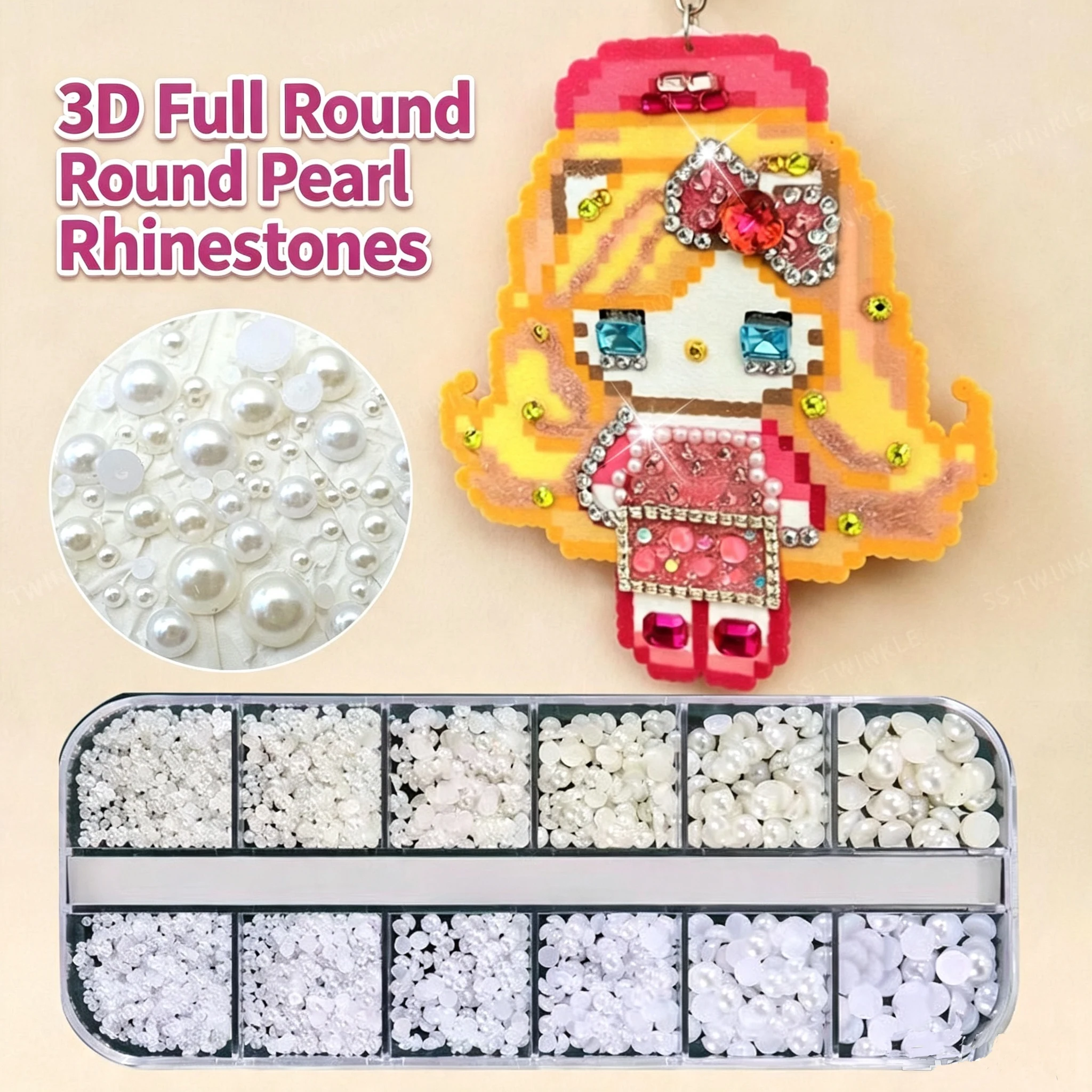 12 Grids 3D Pearls Beads for DIY Melty Fuse Beads Rhinestones Pearls White Semicircle Round Nail Art Pearl Rhinestones Bags