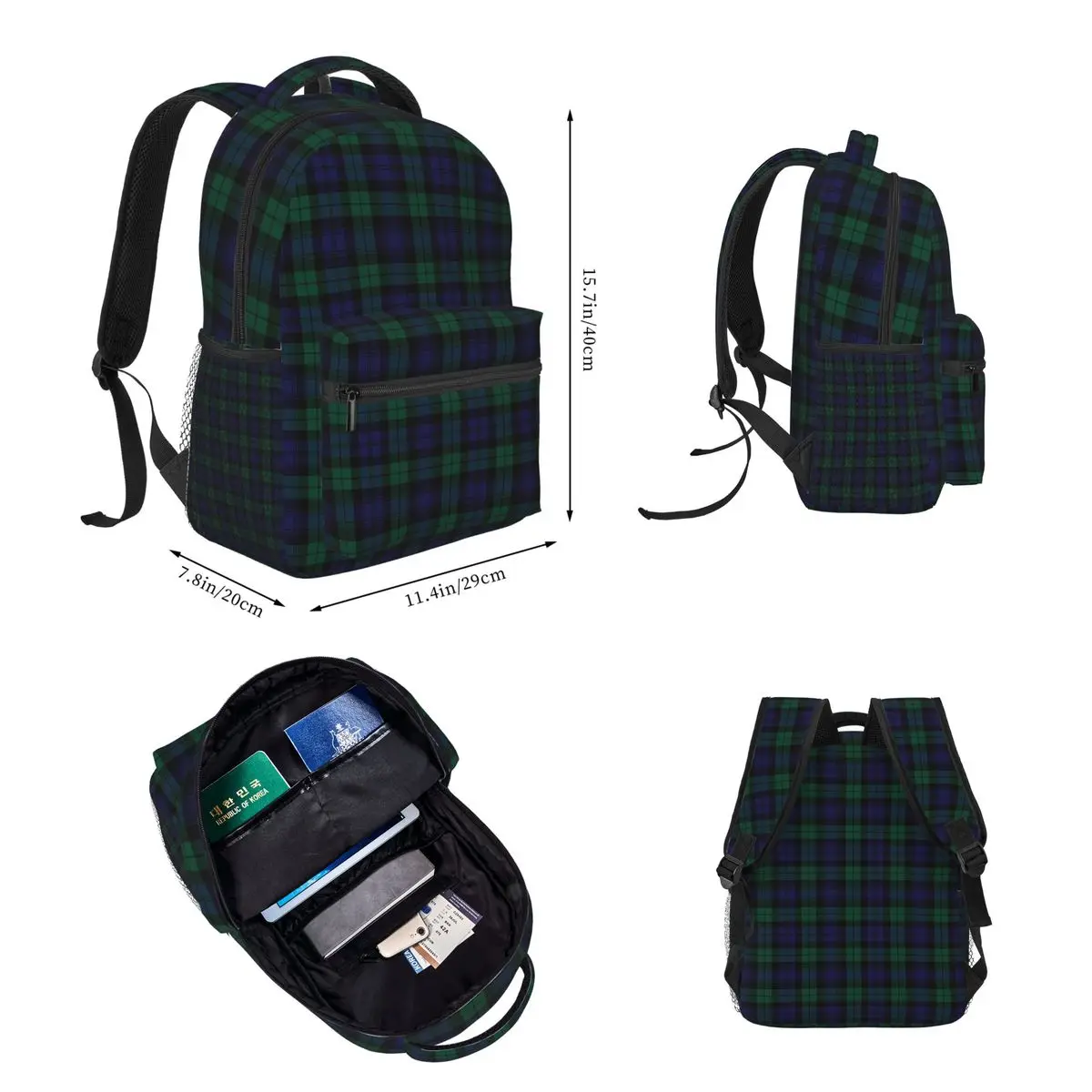 Blackwatch Tartan Modern Blue And Green Plaid Backpacks Bookbag Children School Bags Rucksack Lunch Bag Pen Bag Three-Piece Set