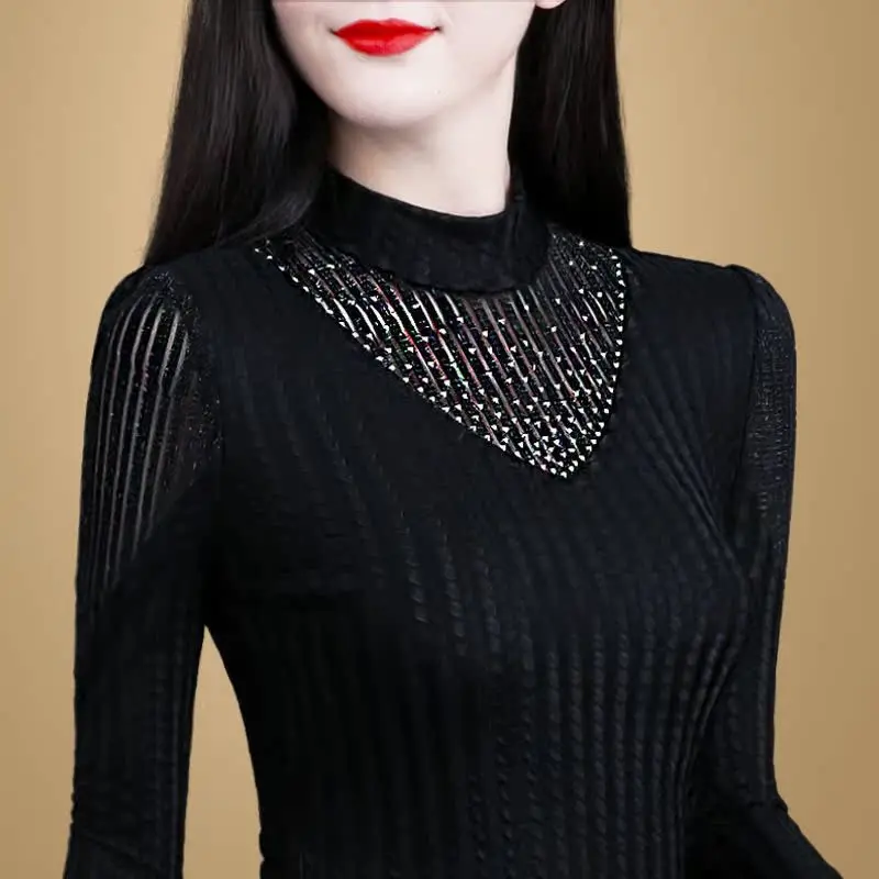 Camiseta de Manga Larga con Encaje para Mujer, Top de Malla sin Forro Polar, Cálida para Otoño e Invierno, Nuevo Estilo, Ropa Casual a la Moda de Duya