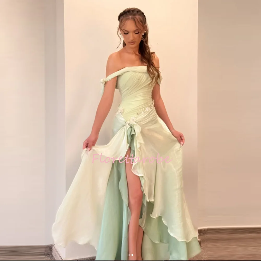 Elegant Off Shoulder Draped Chiffon Evening Dress 3D Handmade Floral Beaded High Slit Formal Wedding Guest Prom Gown Customized