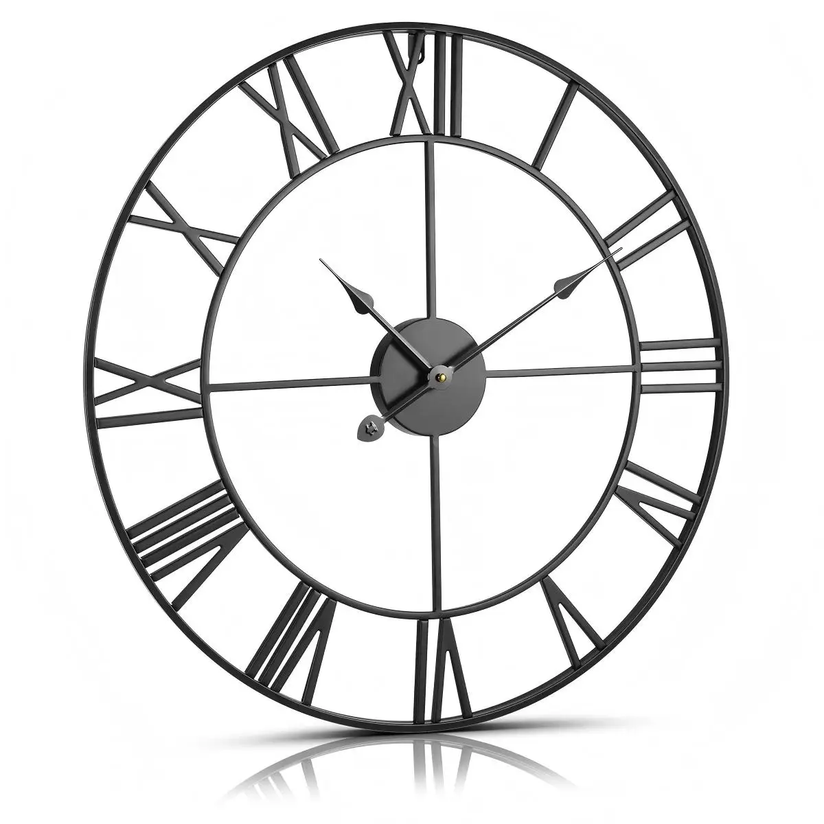 Large Black Skeleton Roman Numeral Wall Clock, Industrial Minimalist Silent Non-Ticking Metal Clock for Living Room Decor