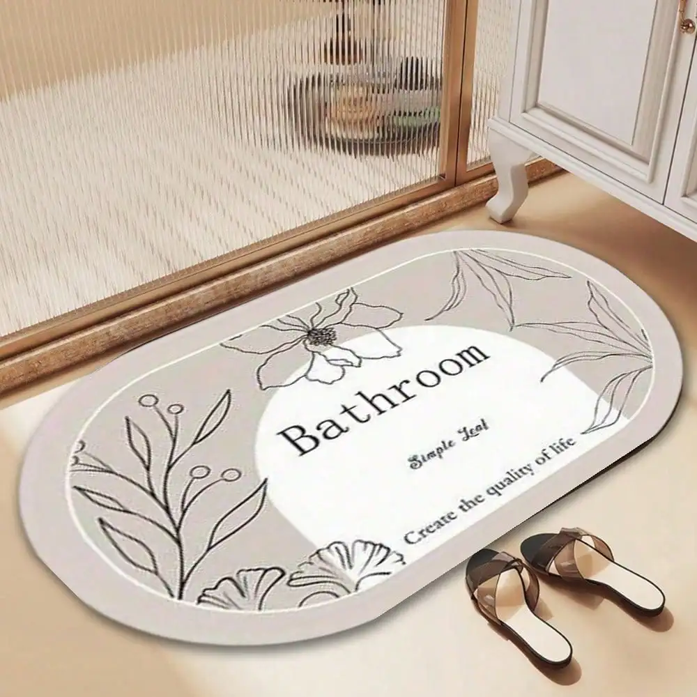 Tapis de salle de bain ovale minimaliste à motifs floraux et lettres, tapis de sol en silicone super absorbant à séchage rapide pour la maison, 1 pièce
