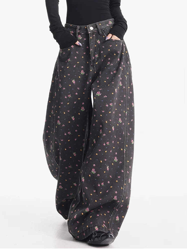 Y2K Floral Denim Pants Wide Leg High Waisted Retro Sweet Cool Ground Length Casual for Women