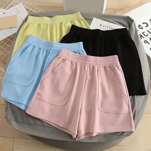 Imagen 1 del producto Pantalones cortos de verano de Color sólido, pantalones cortos de pierna ancha, negro/rosa/azul claro/amarillo, pantalones sueltos de cintura alta, pantalones deportivos