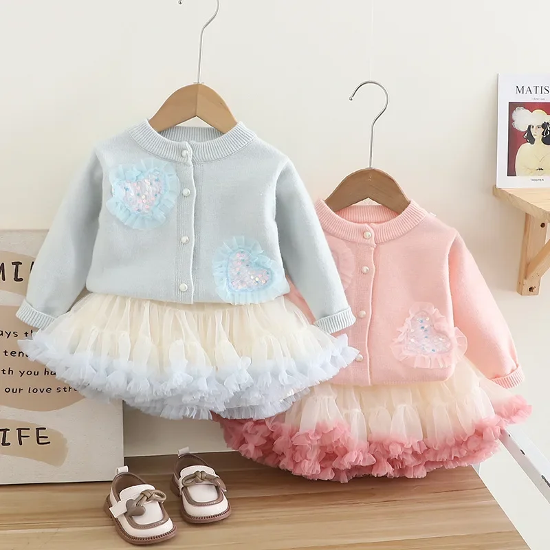 

Girls Cardigan Sweater Autumn and Winter New Peach Heart Knitted Cardigan + Gauze Pongee Skirt Winter Baby Girl Clothes