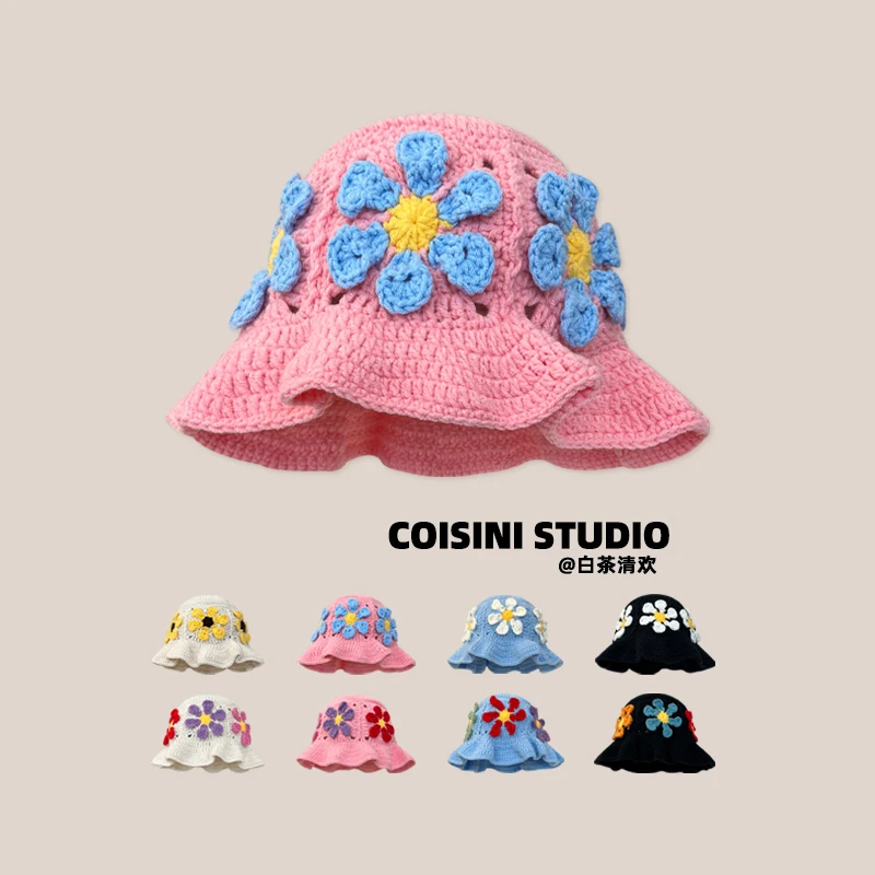 Korean Niche Colorful Flowers Hollow Knitted Caps for Women Show Face Small Spring and Autumn Travel Photo Versatile Bucket Hat