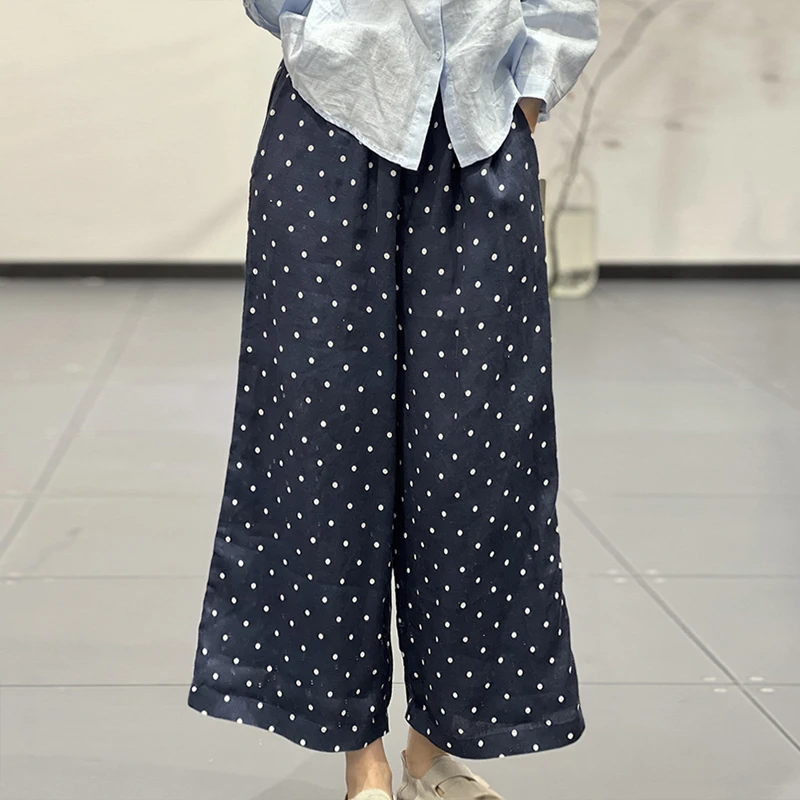 

Artistic Polka Dot Print Flax Casual Nine-Piece Pants Large Size Women's Thin High Waist Slim Wide Leg Summer Trousers