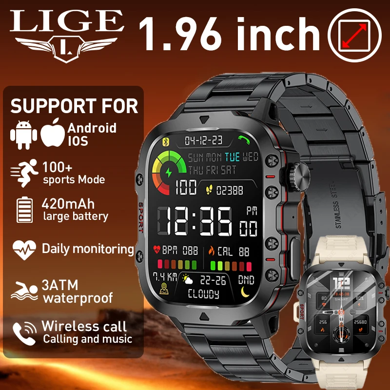 LIGE Sport Smart Watches Men's Rugged Military Bluetooth Call IP68 Waterproof Heart Rate Outdoor Smartwatch For Android IOS 2026