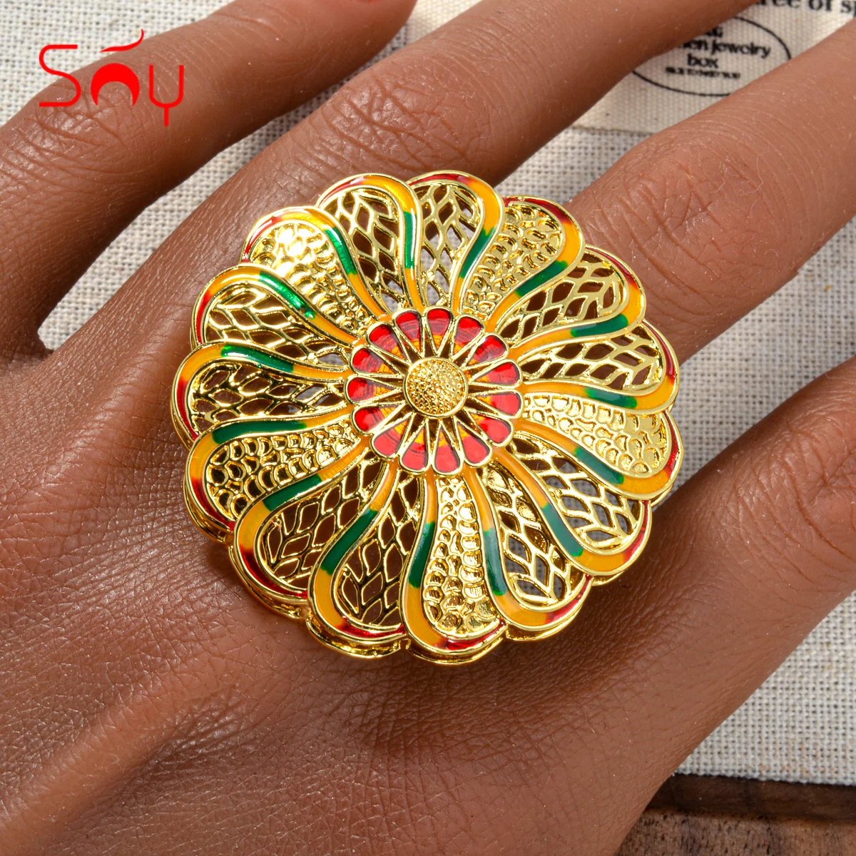 

18k Gold Plated Big Colorful Ring for Women Originality Hollow Adjustable Hand Rings Marriage Fashion Jewelry Gift Anillos Mujer