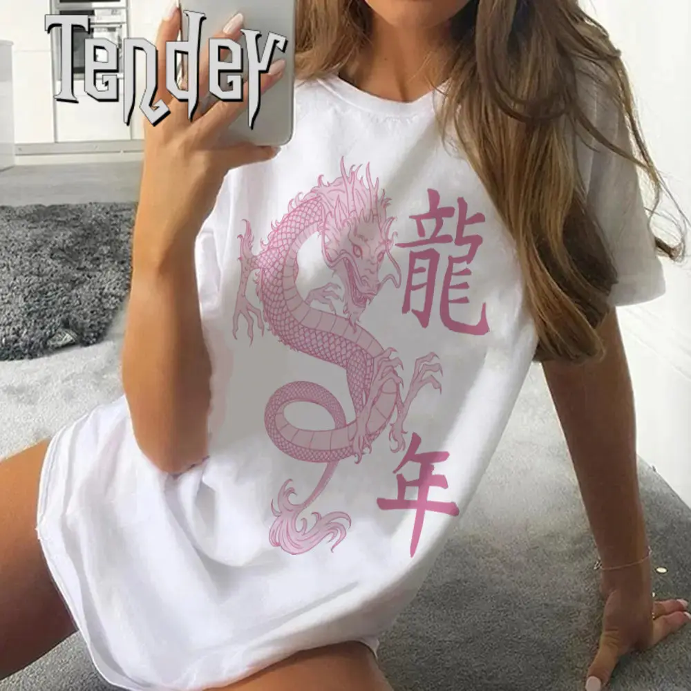 Dragon Printing Oversized T Shirts Summer Women Clothing Chinese New Year 2024 Short Sleeves Tshirt Casual Loose Female Tshirt