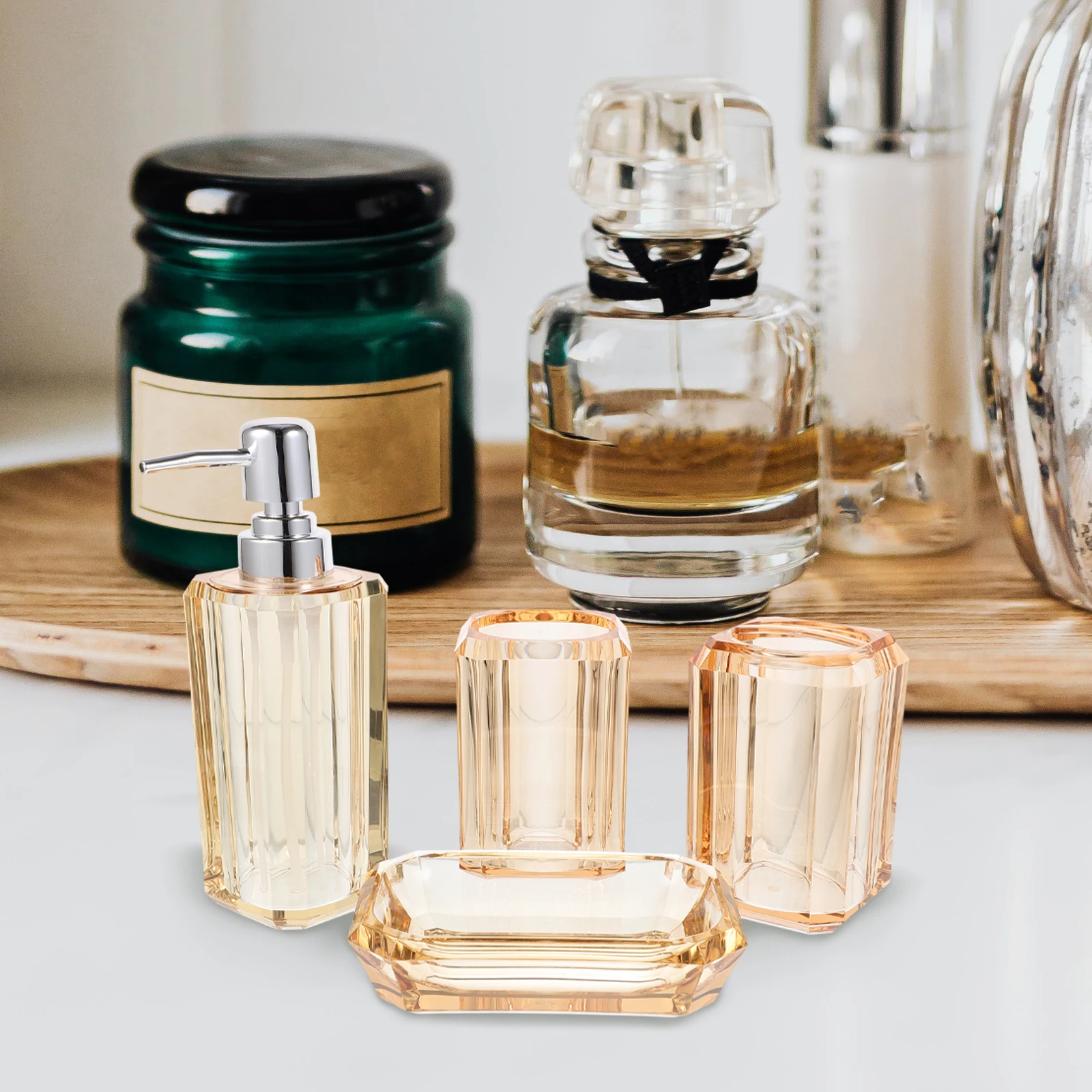 

Transparent Acrylic Bathroom Accessories Set Lotion Dispenser Soap Dish Toothbrush Cup Shampoo Bottle Holder Gold Color Stylish