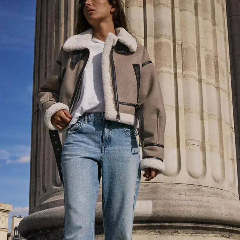 Abrigo de piel sintética para mujer, Chaqueta corta gruesa y cálida y versátil con solapa abatible, moda de invierno, chaqueta Retro para mujer, prendas de vestir 2024