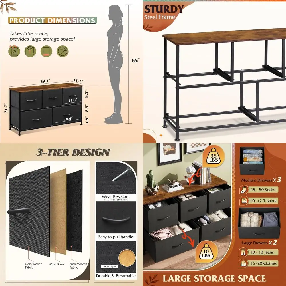 5-Door Bedroom Armoire with Wide Chest Drawers, Fabric Drawers, Storage Organizer with Fabric Bins, Suitable for Living Room, Ha