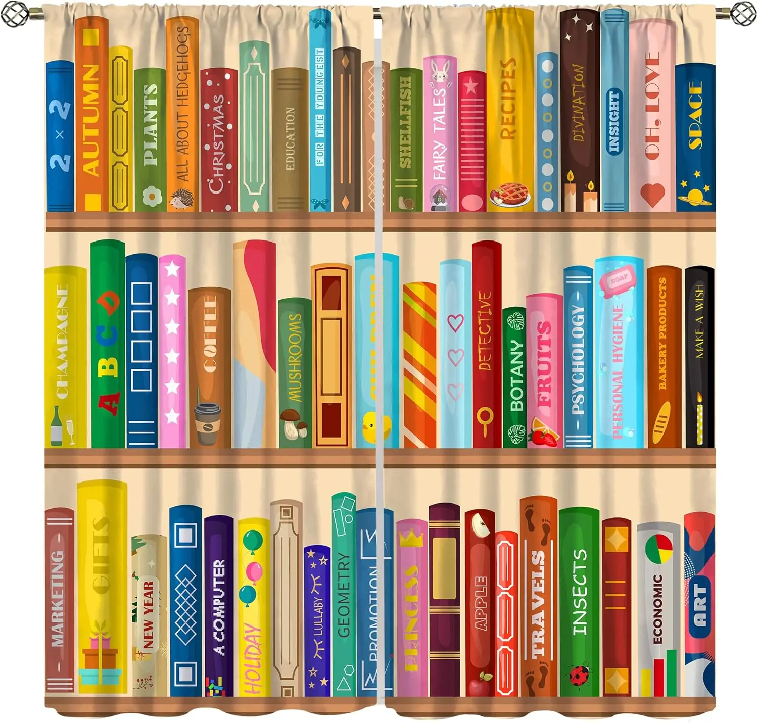 Kids Bookshelf Blackout Curtains Wooden Frame Children's Reading Books Cartoon Illustration Window Treatments for Boys Girls