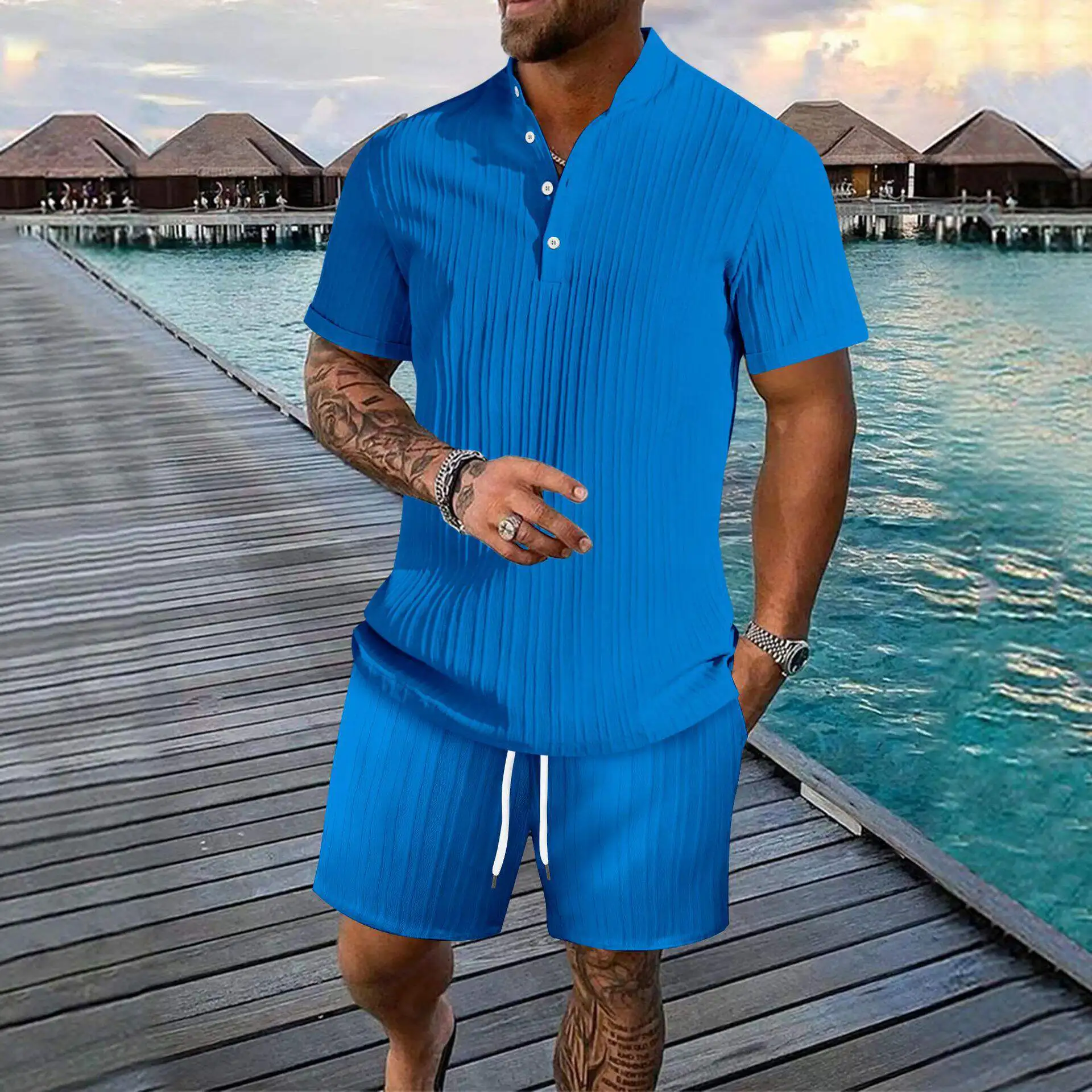 Summer Men's Loose Short Sleeve Shirt Beach Set Casual Cross-Border Five-Quarter Pants T-Shirt Ensemble for Male Adults