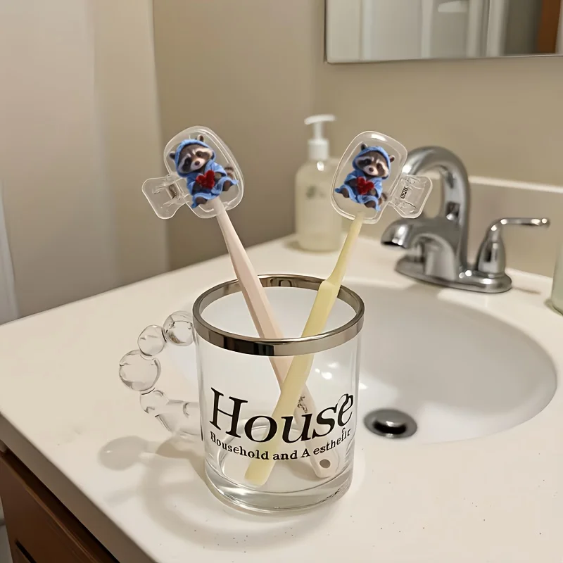 Raccoon with Heart 2pcs Portable Dustproof Odorless Toothbrush Holder Ideal Home and Travel Use Bathroom Additions Outdoor Trips